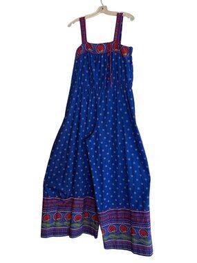 Vintage 70s Tom Bezduda for Barad & Co Blue Folk Print Wide-Leg Jumpsuit